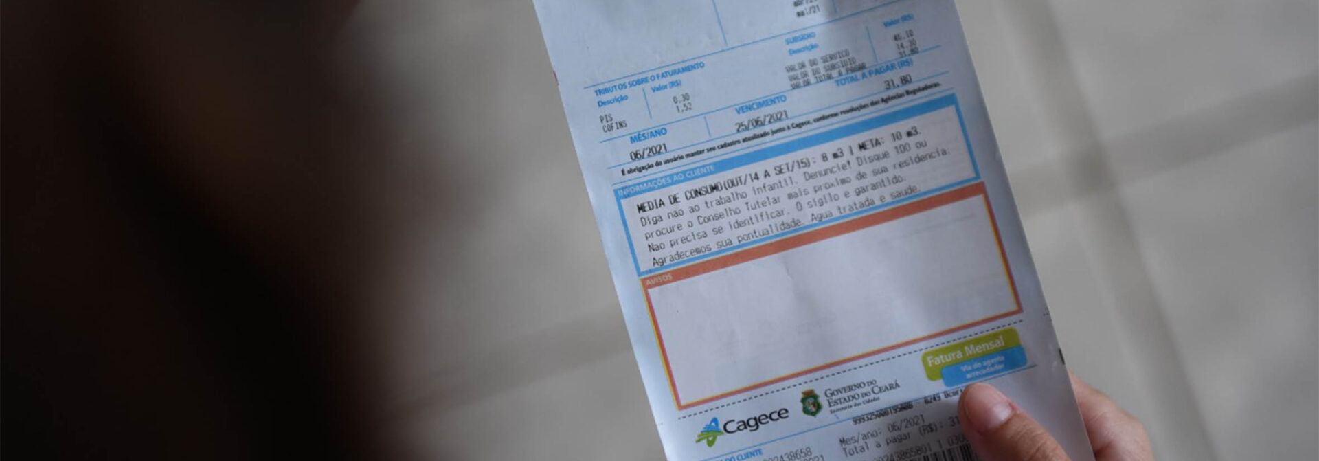 Mensagens nas faturas da Cagece alertam sobre trabalho infantil